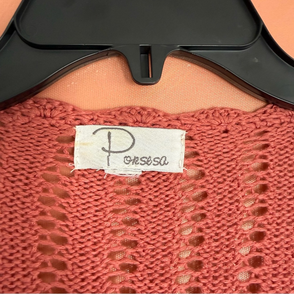 PORSESA Vintage 90s Mauve Open Knit Crochet Cardigan Sweater Women’s M/L Hippie - Picture 5 of 7